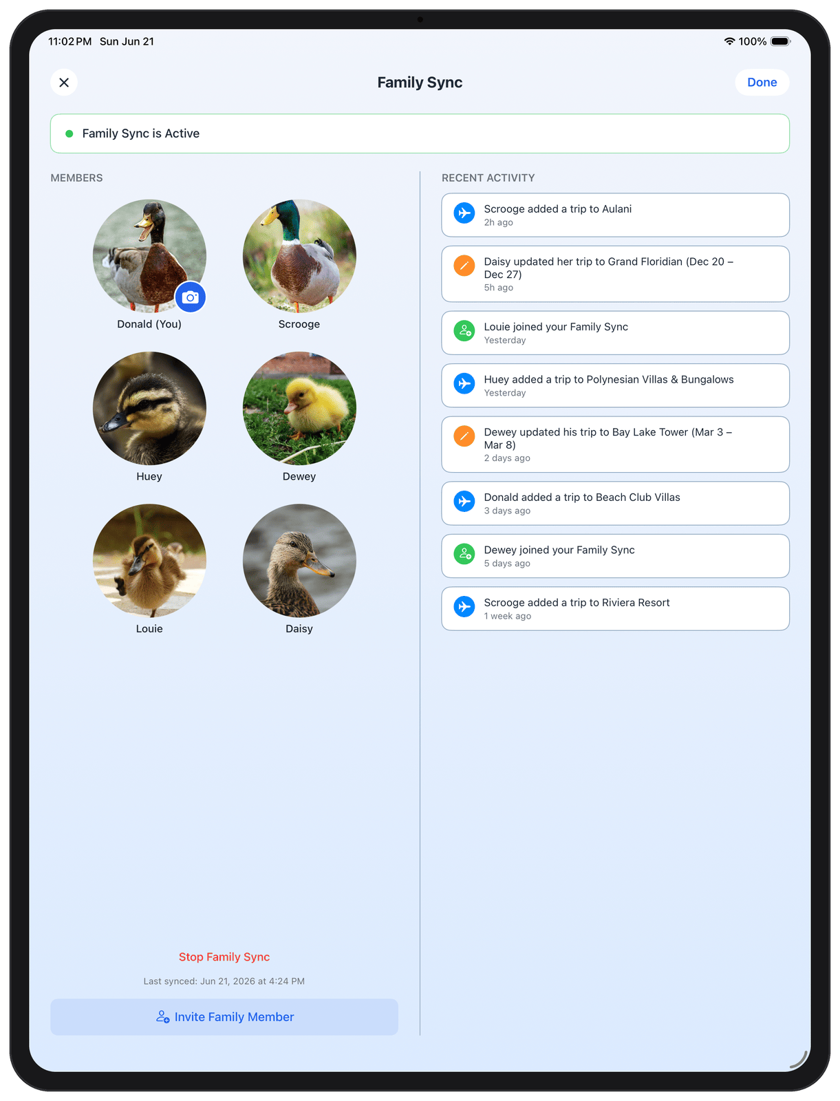 Mouse Bound on iPad showing Family Sync members and recent activity side by side