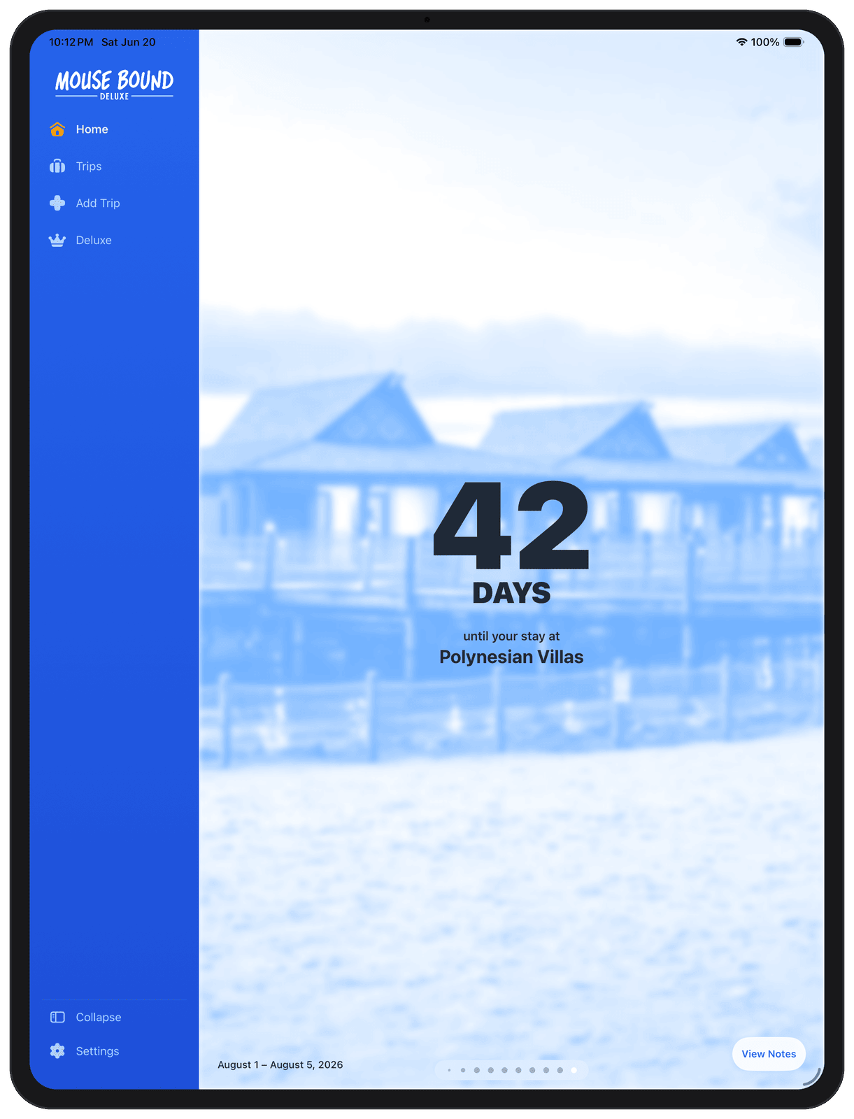 Mouse Bound on iPad showing a full-screen trip countdown